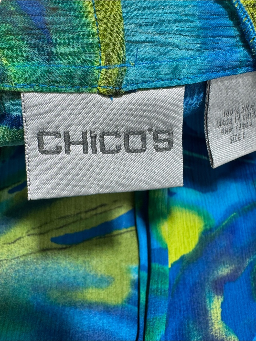 Chico’s 100% Silk Boho Kimono Top Blue Green Tie Front Beach Resort Size 1 M - Picture 5 of 6